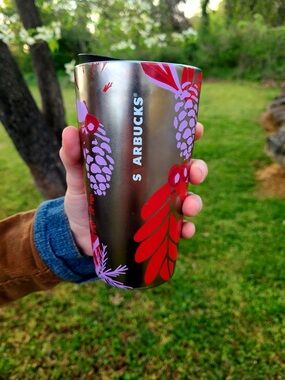 Starbucks Metallic Tumbler with Red & Purple Floral Design